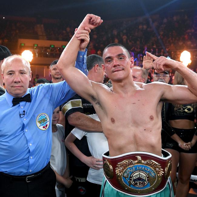 Tim Tszyu with his WBO super-welterweight world title. Picture: Bradley Kanaris/Getty