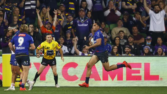 Xavier Coates scores one of his four tries against the Warriors. Picture: Daniel Pockett/Getty Images