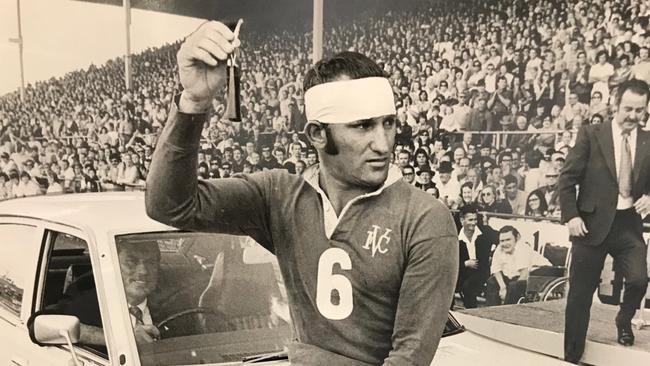 Valleys Skipper Marty Scanlan presented with the keys to his Footballer of the Year award, a new datsun 180B sedan. 1972 File Photo