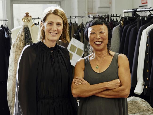 Artist Lindy Lee and Carla Zampatti Creative Director, Karlie Ungar, previewing the fabrics . Picture: Darren McDonald