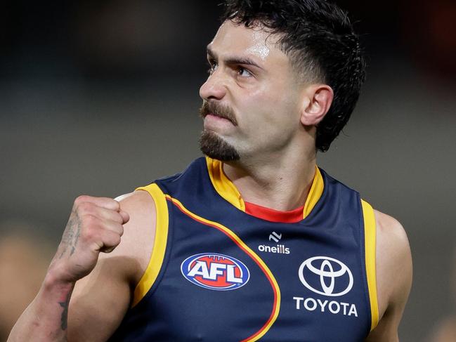 BRISBANE, AUSTRALIA - JULY 07: Izak Rankine of the Crows celebrates a goal during the 2024 AFL Round 17 match between the Brisbane Lions and the Adelaide Crows at The Gabba on July 07, 2024 in Brisbane, Australia. (Photo by Russell Freeman/AFL Photos via Getty Images)