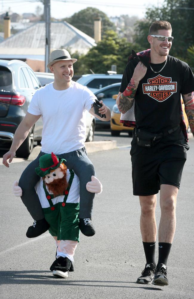 Gary Ablett and Zac Smith arrive at Cats Whacky Wednesday. Picture: Alison Wynd