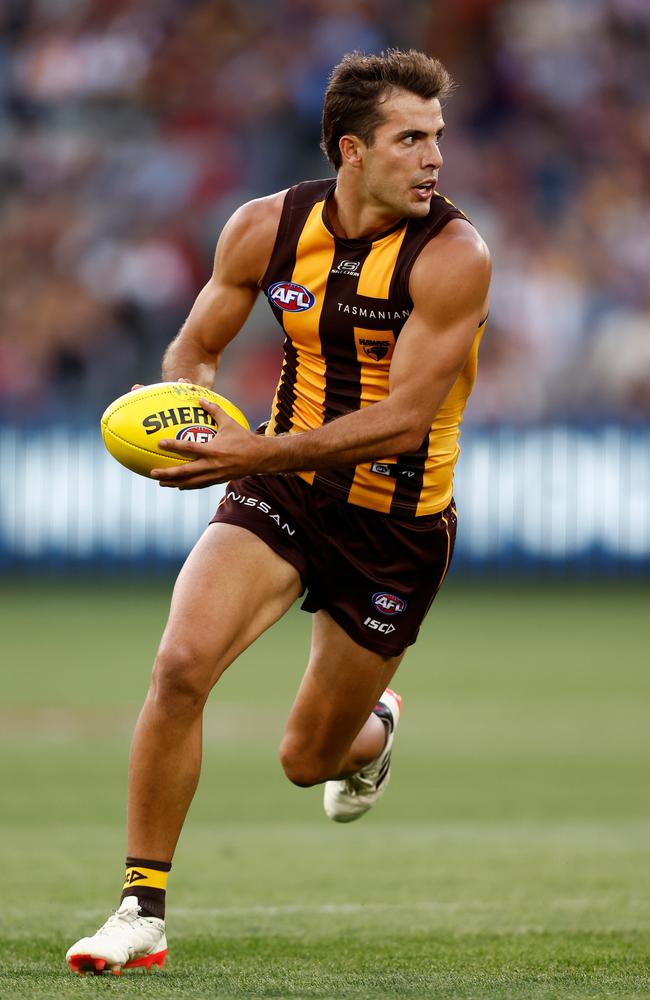 Hawthorn wingman Finn Maginness is contracted for next season, but there’s a squeeze on for spots with Josh Weddle poised to push up the ground from defence. Picture: Michael Willson / Getty Images