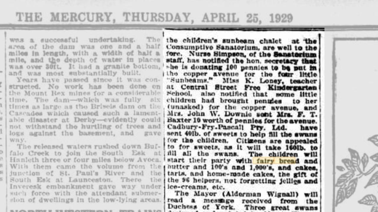 The Mercury newspaper from Thursday April 25, 1929. This is considered the first time that Australian children's party food fairy bread is mentioned with name and description in print.