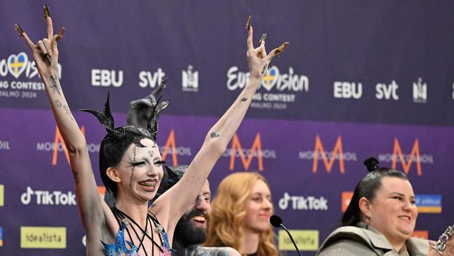 Irish singer-songwriter Bambie Ray Robinson, aka Bambie Thug, representing Ireland with the song Doomsday blue, at right at a press conference for the finalists last week. Picture: Jessica Gow/TT news agency / AFP