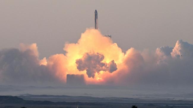 The Starship rocket launches from Boca Chica, Texas, on Saturday. Picture: AFP