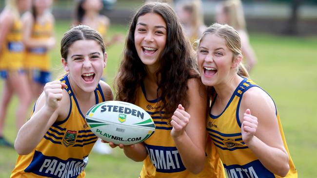 Parramatta girls under-14 touch football team members Raf Perigo, Milla Elaro and Mackenzie Davis. Pictures: Angelo Velardo