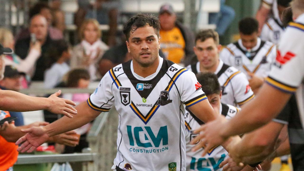 Souths captain Karmichael Hunt leads his side on to the North Ipswich Reserve to tackle the Ipswich Jets. Picture: Cameron Stallard/QRL