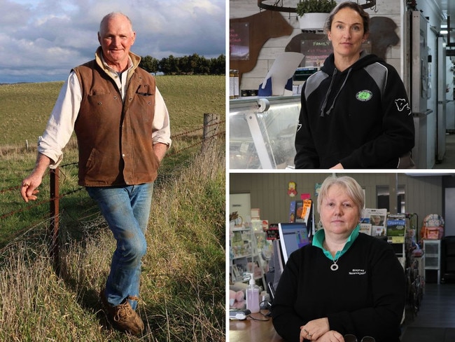 Clockwise from main: grazier Ross Wills on his land near the rural town of Blayney south of Orange in NSW; local butcher Tanya Cassel; newsagent Sharon Kearney. Picture: Ellie Dudley