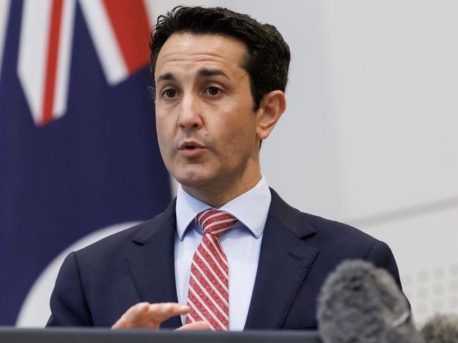 Premier David Crisafulli addresses the ongoing flooding situation in North Queensland from William street on Sunday. Picture Lachie Millard