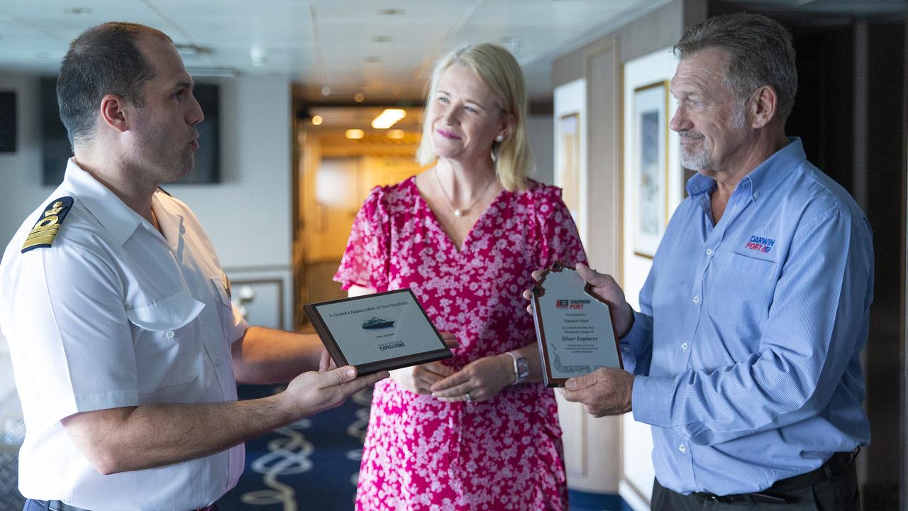 Captain Pavlin Koev, Minister for Tourism Nicole Manison and Darwin Port’s Peter Dummett. Picture: Supplied