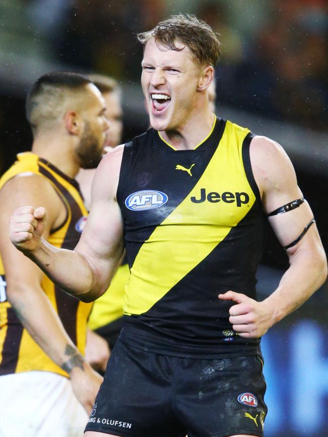 Tigers Josh Caddy celebrates a goal against Hawthorn. Picture: Michael Dodge/Getty