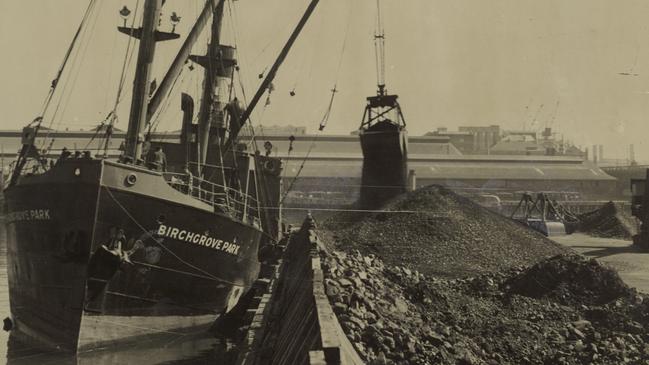 A 1949 picture of the Collier SS Birchgrove Park unloading coal at Darling Habour. The ship sank in 1956. News Corp photo archives