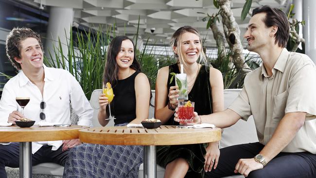 Sydneysiders Carl Elsass (l to r), Romy Kaiser, Anika Tungusova and Will Chambers at the TWR Bar at Crown In Barangaroo ahead of freedom day. Picture: Sam Ruttyn