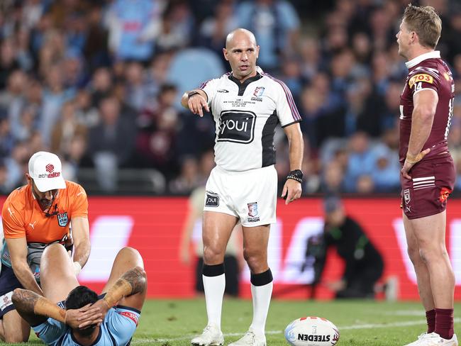 The projectile was aimed at ground officials, including State of Origin referee Ashley Klein. Picture: Cameron Spencer/Getty Images