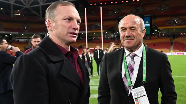 Rugby league greats Darren Lockyer and Wally Lewis continue to maintain strong ties to the sport in Queensland. Picture: Bradley Kanaris/Getty Images.