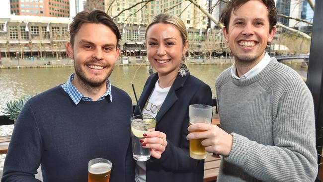 Matthew Hughes, Rachel Cox and Harry McGregor are among millennials who are consuming fewer drinks in a social environment. Picture: Tony Gough