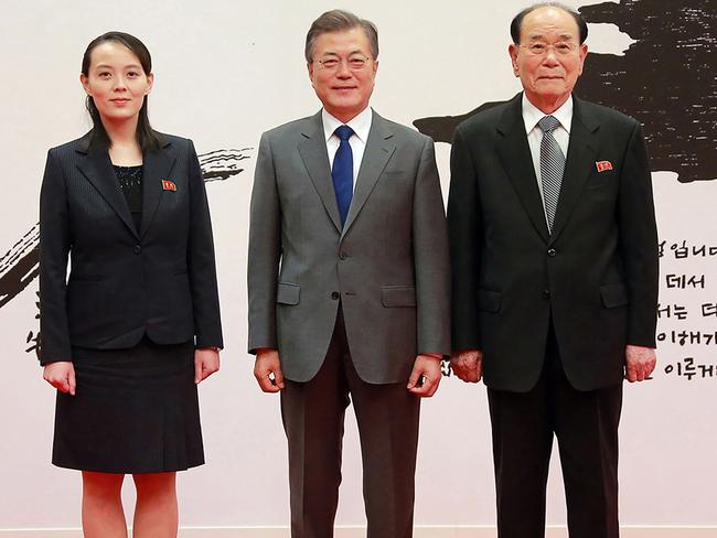 Kim Yo-jong, Mr Moon and North Korean head of state Kim Yong-nam. Picture: AFP/KCNA