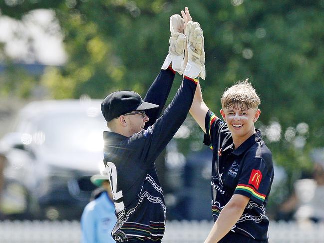 (L to R) Penrith wicketkeeper Riley Killeen and bowler Jack Newman celebrate after dismissing Adam Dalla-Camina caught behind. Picture: John Appleyard