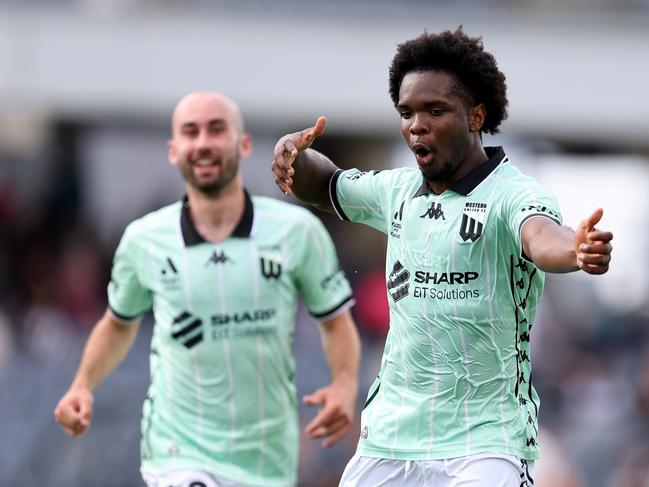 SYDNEY, AUSTRALIA - FEBRUARY 09: Abel Walatee of Western United celebrates scoring a goal during the round 18 A-League Men match between Macarthur FC and Western United at Campbelltown Stadium, on February 09, 2025, in Sydney, Australia. (Photo by Brendon Thorne/Getty Images)