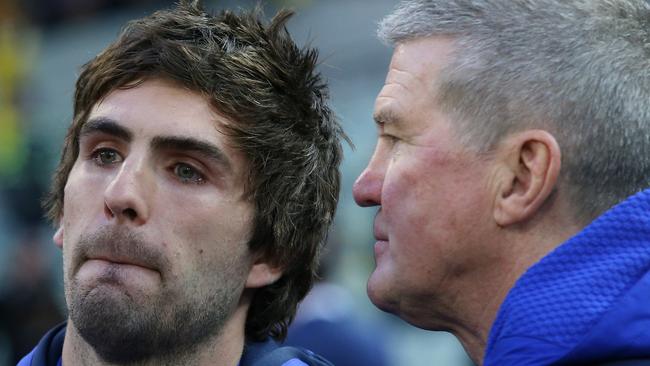 West Coast’s suspended midfielder Andrew Gaff in tears after his teammates won the 2018 premiership. Picture: Michael Klein