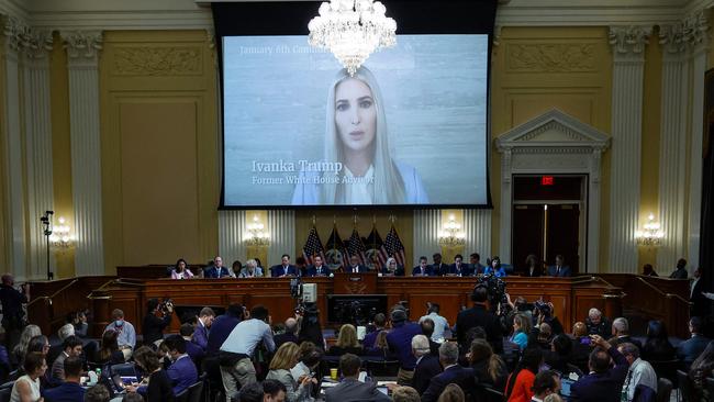 An image of Ivanka Trump giving evidence is displayed on screen during Friday’s hearing. Picture: AFP