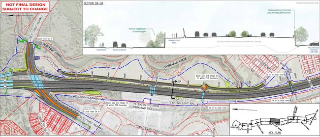 Plans for the Coomera Connector showing the alignment of the proposed road as it passes the Gold Coast Highway and Helensvale train station. Picture: TMR