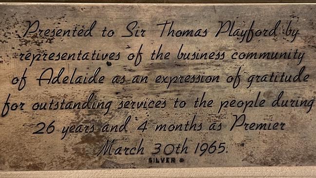 The plaque which went with the painting of Wonoka Creek, as presented to Sir Thomas Playford. Picture: Supplied.