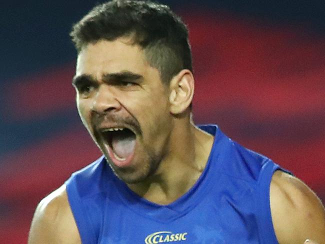 GOLD COAST, AUSTRALIA - JULY 26: Charlie Cameron of the Lions celebrates a goal during the round 8 AFL match between the Melbourne Demons and the Brisbane Lions at Metricon Stadium on July 26, 2020 in Gold Coast, Australia. (Photo by Jono Searle/AFL Photos/via Getty Images)