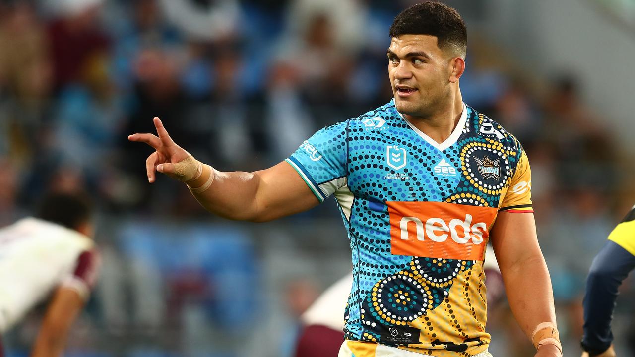 GOLD COAST, AUSTRALIA – JUNE 20: David Fifita of the Titans celebrates a try during the round 15 NRL match between the Gold Coast Titans and the Manly Sea Eagles at Cbus Super Stadium, on June 20, 2021, in Gold Coast, Australia. (Photo by Chris Hyde/Getty Images)