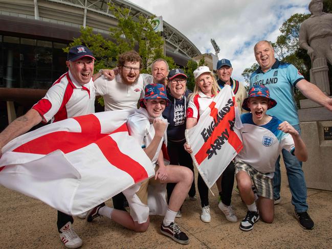 Members of Australian based England supporter group, the Adelaide Barmies outside the Adelaide Oval in 2022. Picture: Naomi Jellicoe