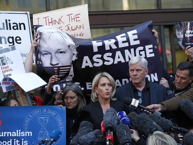 Kristinn Hrafnsson, editor of WikiLeaks, and barrister Jennifer Robinson speak to the media outside Westminster magistrates court where WikiLeaks founder Julian Assange was appearing in London. Picture: AP