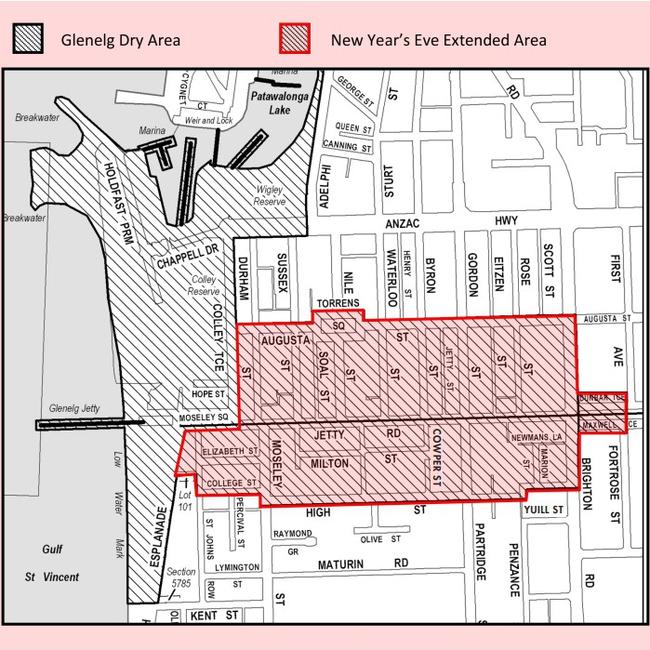 A map of the new dry zone area, which now permanently includes parts that were previously only enforced on New Year’s Eve. Picture: Holdfast Bay Council