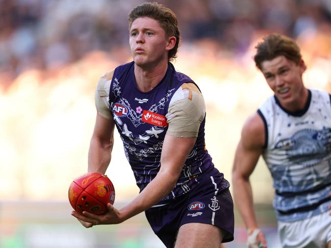 PERTH, AUSTRALIA - MAY 20: Nathan O'Driscoll of the Dockers in action during the round 10 AFL match between Walyalup/Fremantle Dockers and Geelong Cats at Optus Stadium, on May 20, 2023, in Perth, Australia. (Photo by Paul Kane/Getty Images)