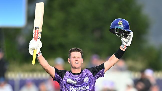 Mitch Owen of the Hurricanes celebrates his century. (Photo by Steve Bell/Getty Images)