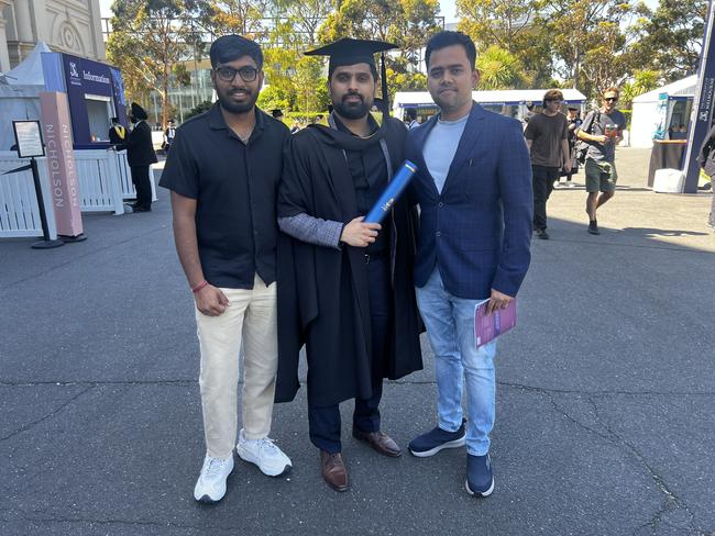 Shaik Arifuddin, Setender Nandal (Master of Information Technology) and Sunil Sonawane at the University of Melbourne graduations held at the Royal Exhibition Building on Friday, December 13, 2024. Picture: Jack Colantuono