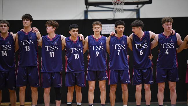 GPS Firsts basketball between Brisbane Boys College and The Southport School Saturday August 13, 2022. Indy Cotton is fifth in from the left. Picture, John Gass