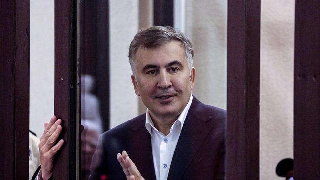 Georgia's former president Mikheil Saakashvili speaking from the defendant's box during his trial for his alleged role in a violent police crackdown on an opposition protest in 2007.