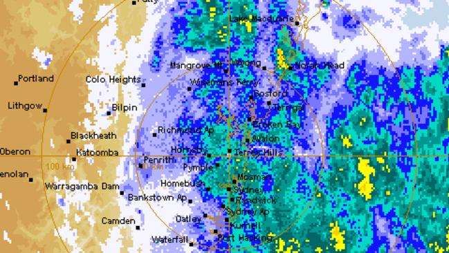 The rain radar at 2:10PM on Wednesday 6 January 2015 showing the coast of NSW and the storm that has caused flooding up and down the coast. Source: Bureau of Meteorology