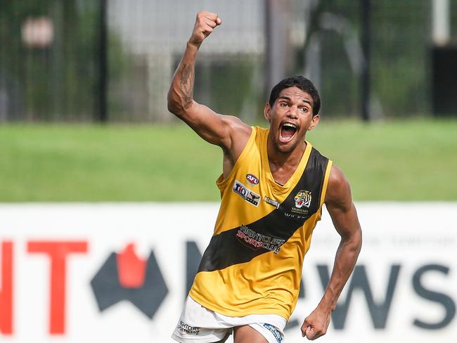 Star Tennant Creek product Liam Holt-Fitz celebrated yet another Territory premiership after the 2020 BAFL Grand Final on Saturday. Picture: Glenn Campbell