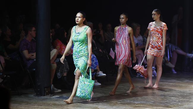 Models showcase the Oochunyung collection by designer Fiona Wirrer-George at the Cairns Indigenous Art Fair fashion performance, Woven, held at the Tanks Arts Centre, Edge Hill. Picture: Brendan Radke