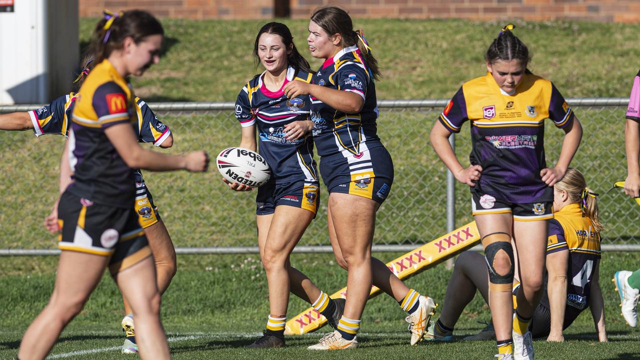 Highfields celebrate a try by Tyla Cantwell against Gatton in TRL Women grand final rugby league at Toowoomba Sports Ground, Saturday, September 14, 2024. Picture: Kevin Farmer