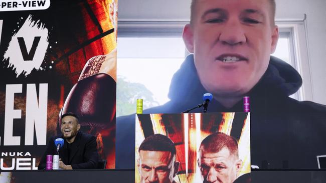 SYDNEY, AUSTRALIA - MAY 20: Sonny Bill Williams looks on as a video by Paul Gallen is played during a Stan Sport Media Opportunity at Liberty Hall on May 20, 2025 in Sydney, Australia. (Photo by Darrian Traynor/Getty Images)