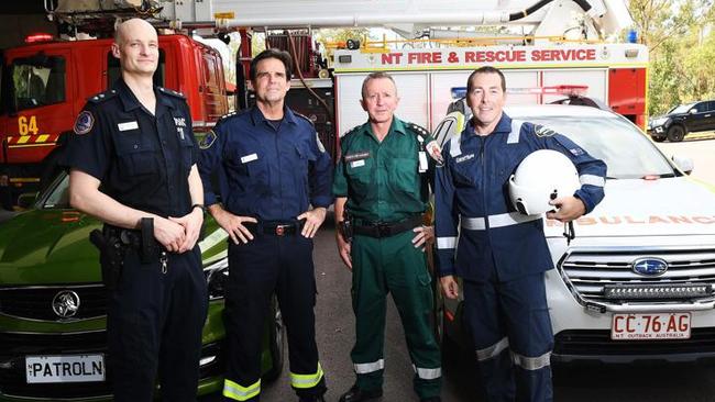 Acting Superintendent Drew Slape, NT Fire and Emergency Services Watch Commander Nick Bell, St John Ambulance Critical Response Unit Intensive Care Paramedic Warren Purse and CareFlight medical director Garth Herrington urge people to drive carefully at Easter. Picture: Katrina Bridgeford