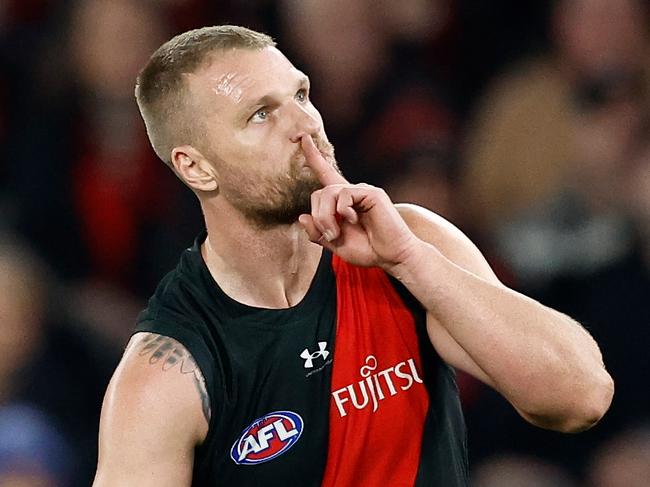 MELBOURNE, AUSTRALIA - JUNE 23: Jake Stringer of the Bombers celebrates a goal during the 2024 AFL Round 15 match between the Essendon Bombers and the West Coast Eagles at Marvel Stadium on June 23, 2024 in Melbourne, Australia. (Photo by Michael Willson/AFL Photos via Getty Images)