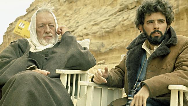 Sir Alec Guinness (left) and director George Lucas on the set of A New Hope. Picture: HWT