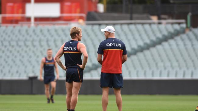 Rory Sloane and Matthew Nicks at Adelaide Crows Training at Adelaide Oval last year. Picture: Supplied.