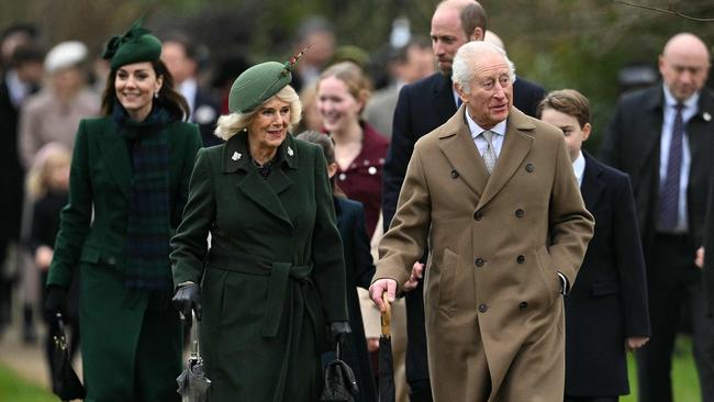 King Charles III, Queen Camilla, Prince William, Princess Catherine and Prince George make their way to the church. Picture: AFP