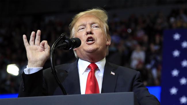 FILE - In this March 28, 2019 file photo, President Donald Trump speaks at a campaign rally in Grand Rapids, Mich. After losing in Congress, Trump is counting on the courts to kill off "Obamacare." But some cases are going against him, and time is not on his side as he tries to score a big win for his re-election campaign. Two federal judges in Washington, D.C., this past week blocked Trump's Medicaid work requirements and small business health plans.  (AP Photo/Manuel Balce Ceneta, File)