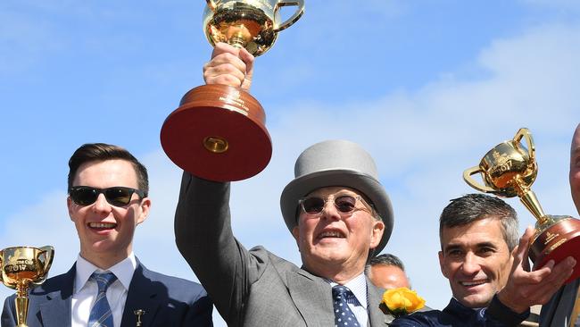 Trainer Joseph O'Brien, part owner Lloyd Williams and jockey Corey Brown.